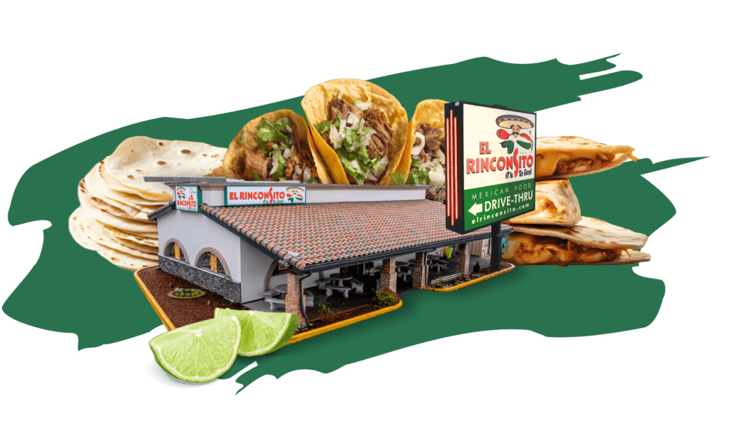 Image of El Rinconsito homepage art showing an image of the outside of the restaurant, sign and tacos.